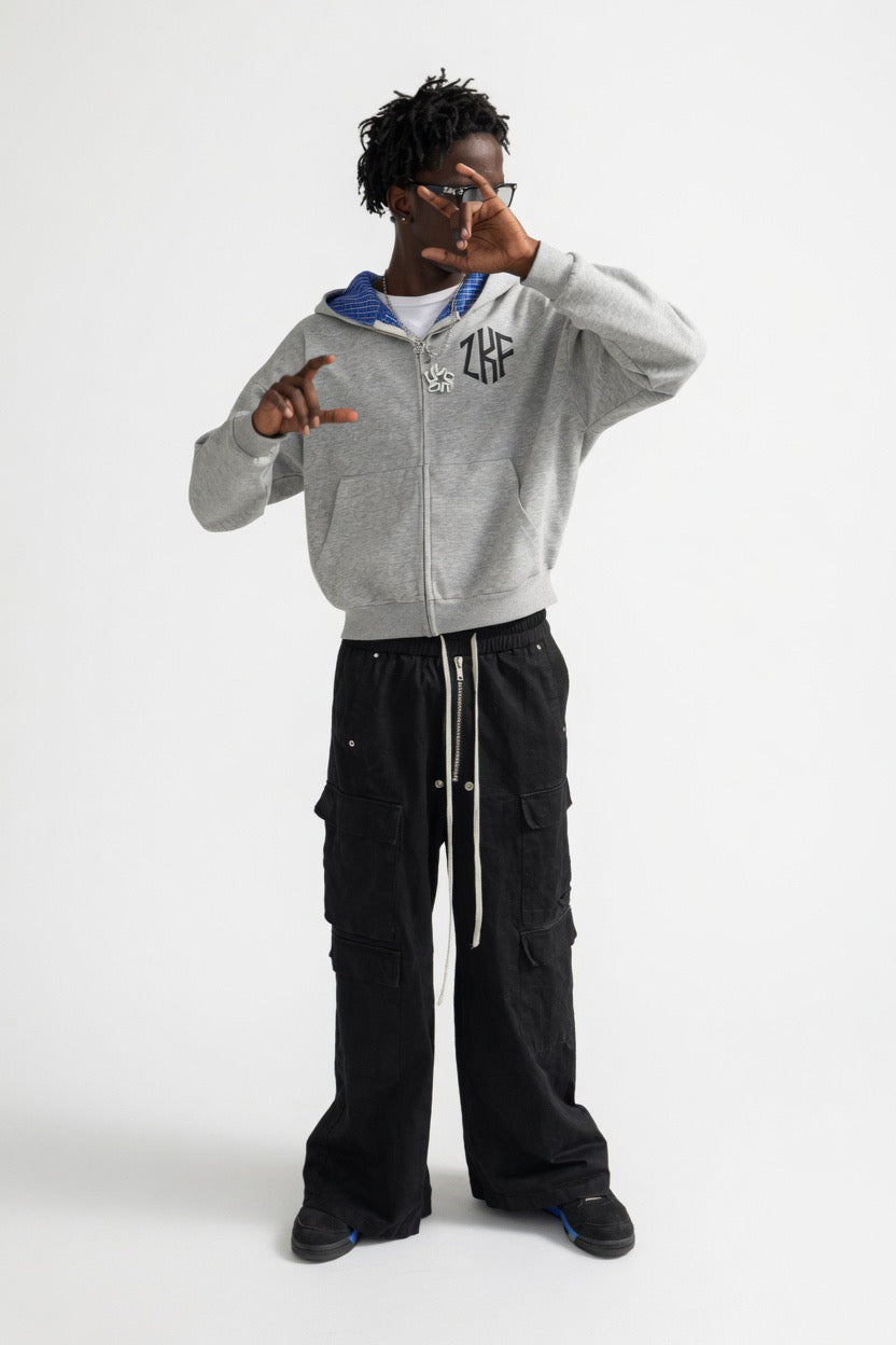 Gray Contrast Plaid Boxy Hoodie
