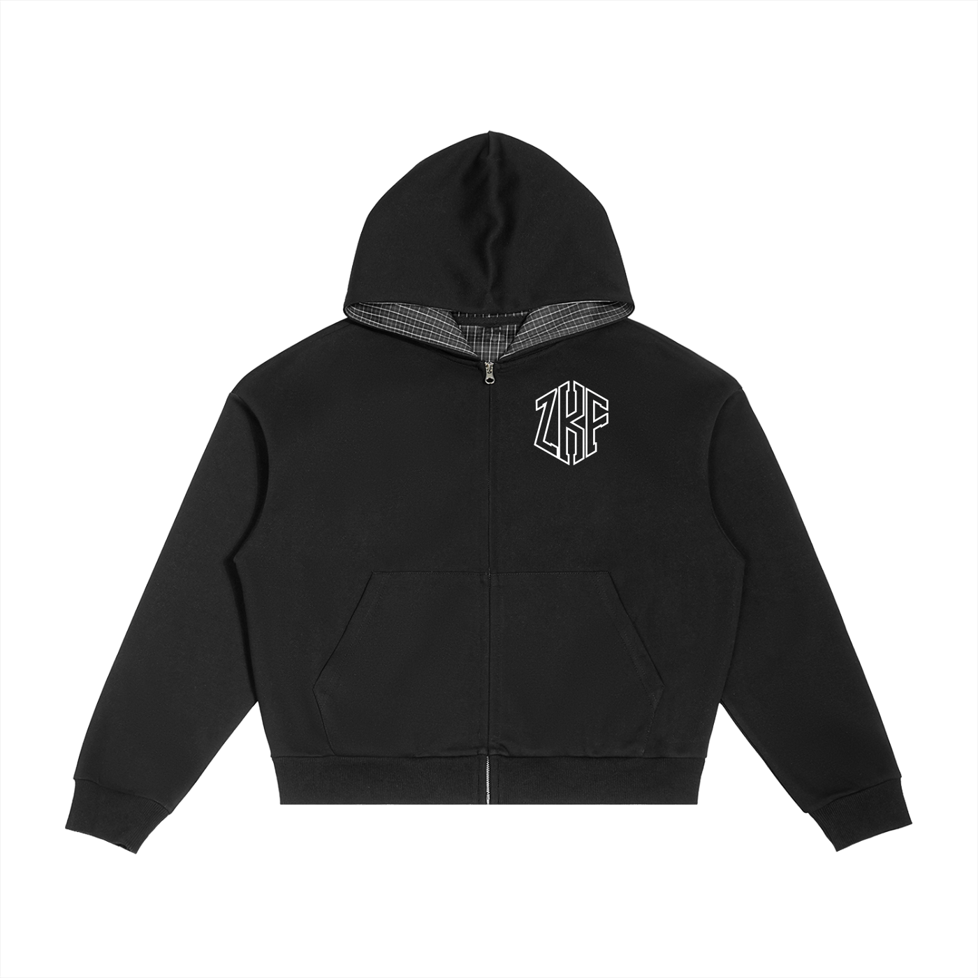 Contrast Plaid boxy Zip Hoodie
